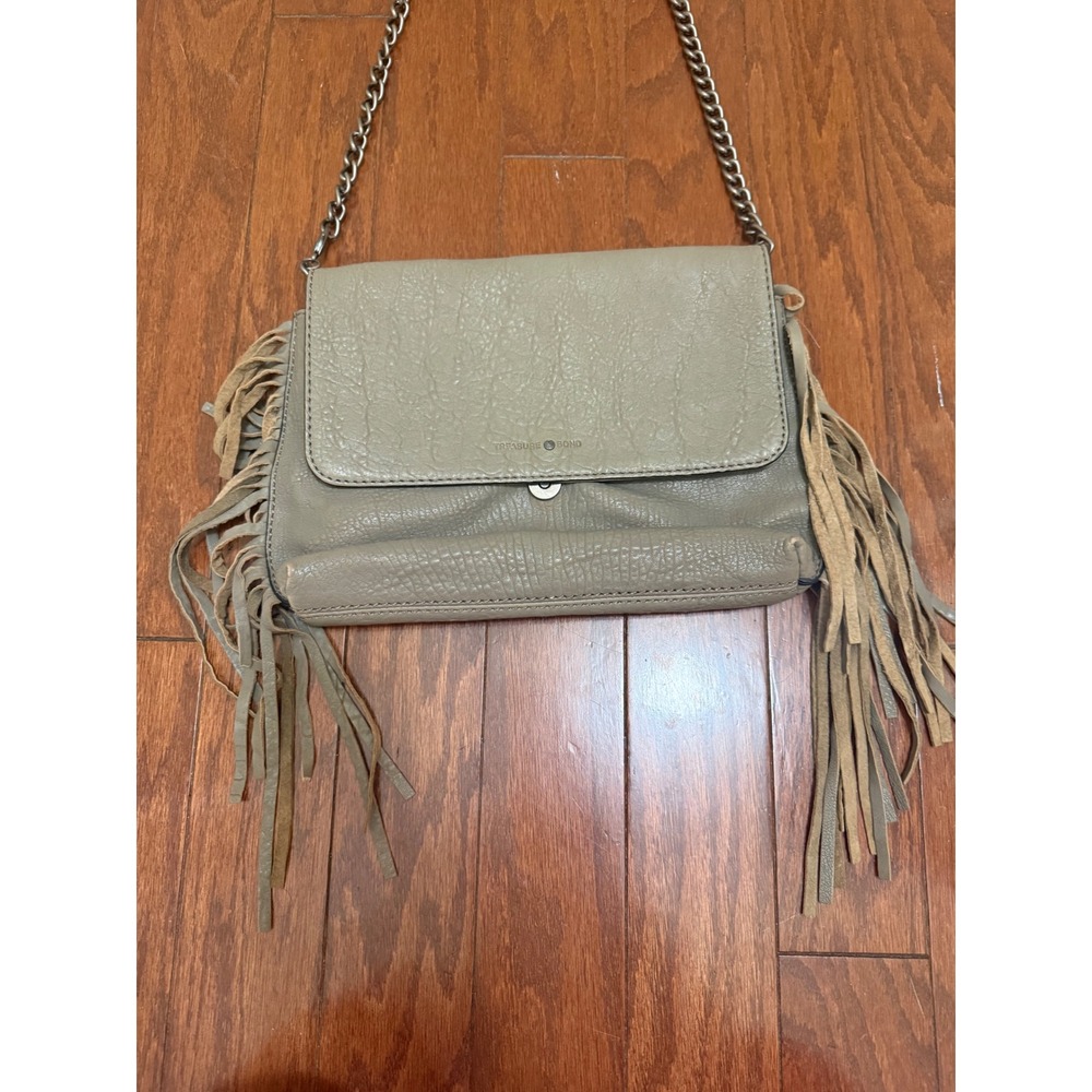 Treasure & Bond Grey‎ Leather Fringe Crossbody Bag Chain Strap Nordstrom Boho